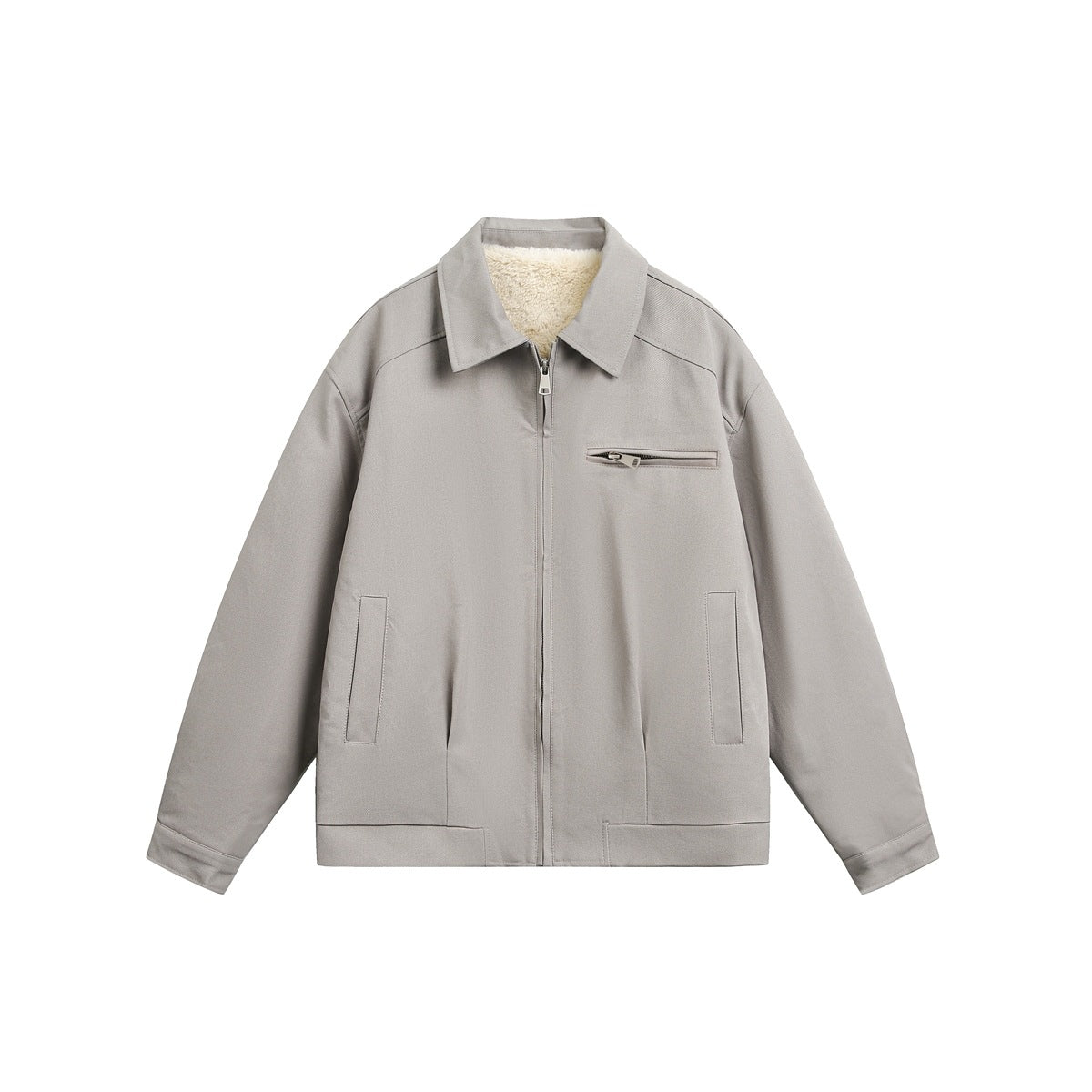 Khaki-gray zip jacket with turn-down collar, cream plush lining at neck, chest zip pocket and slash pockets, flat front view