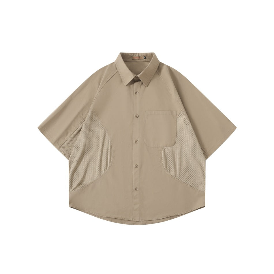 Khaki short-sleeve button-up shirt with chest pocket and perforated mesh side panels, flat front view