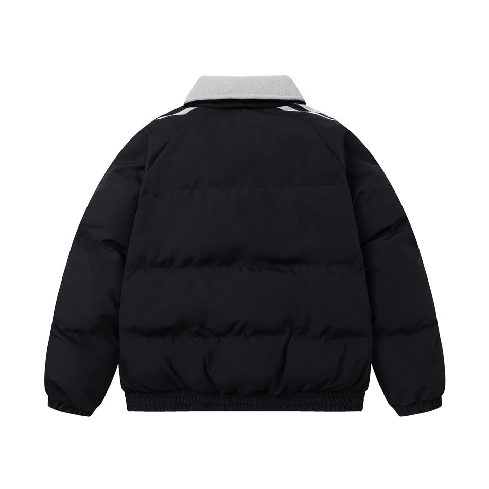 Back view of a black quilted jacket with a light gray collar, white shoulder stripes and an elastic hem.