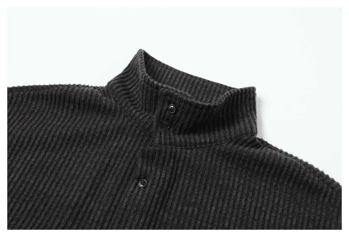 Close-up of the dark charcoal ribbed shirt's raised collar and buttons.