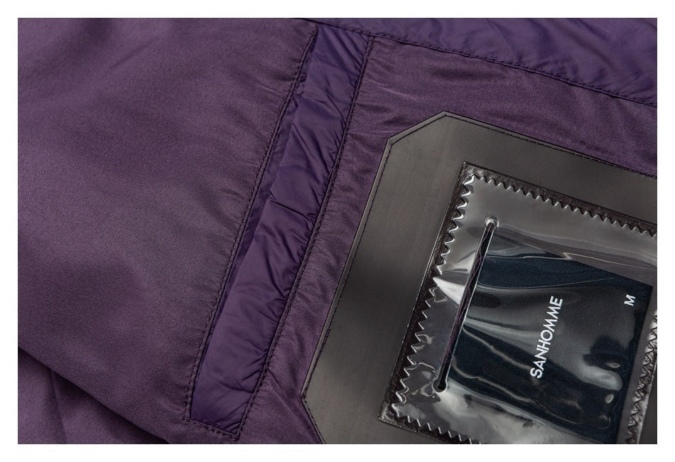 Close-up of the purple jacket's interior label pocket, with a black SANHOMME label marked M.