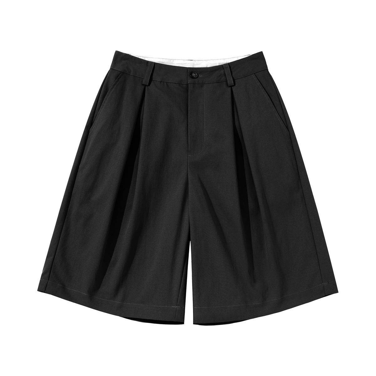 Black pleated wide-leg knee-length shorts, flat front view with button closure and slant pockets