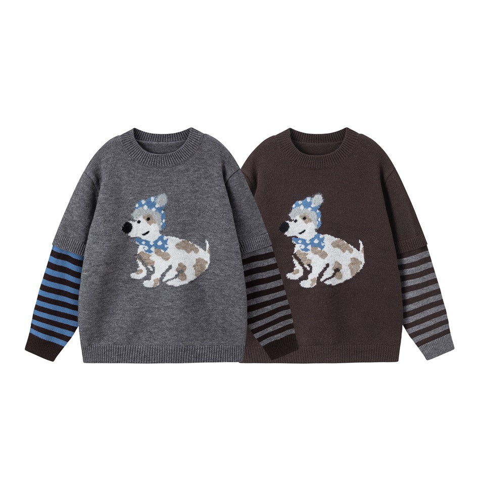 Two crewneck sweaters, gray and dark brown, each with a dog motif and striped sleeves.