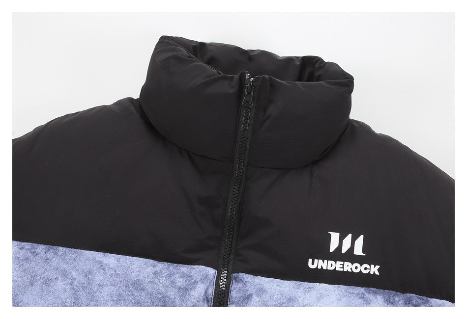 Close-up of a black jacket collar and zipper above a mottled blue-gray panel, with a white UNDEROCK logo.