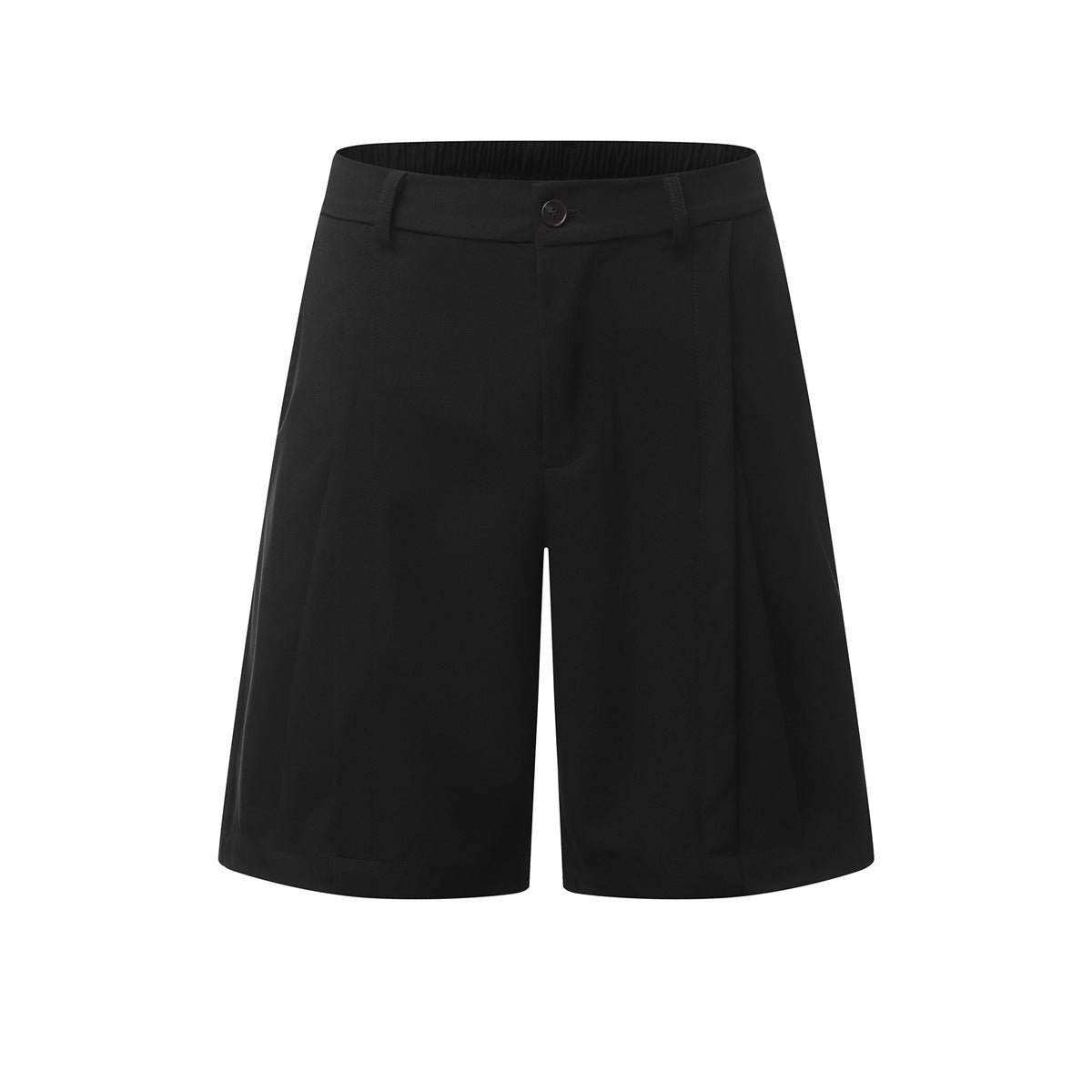 Black pleated knee-length shorts, front view, with button fly, belt loops and wide straight legs