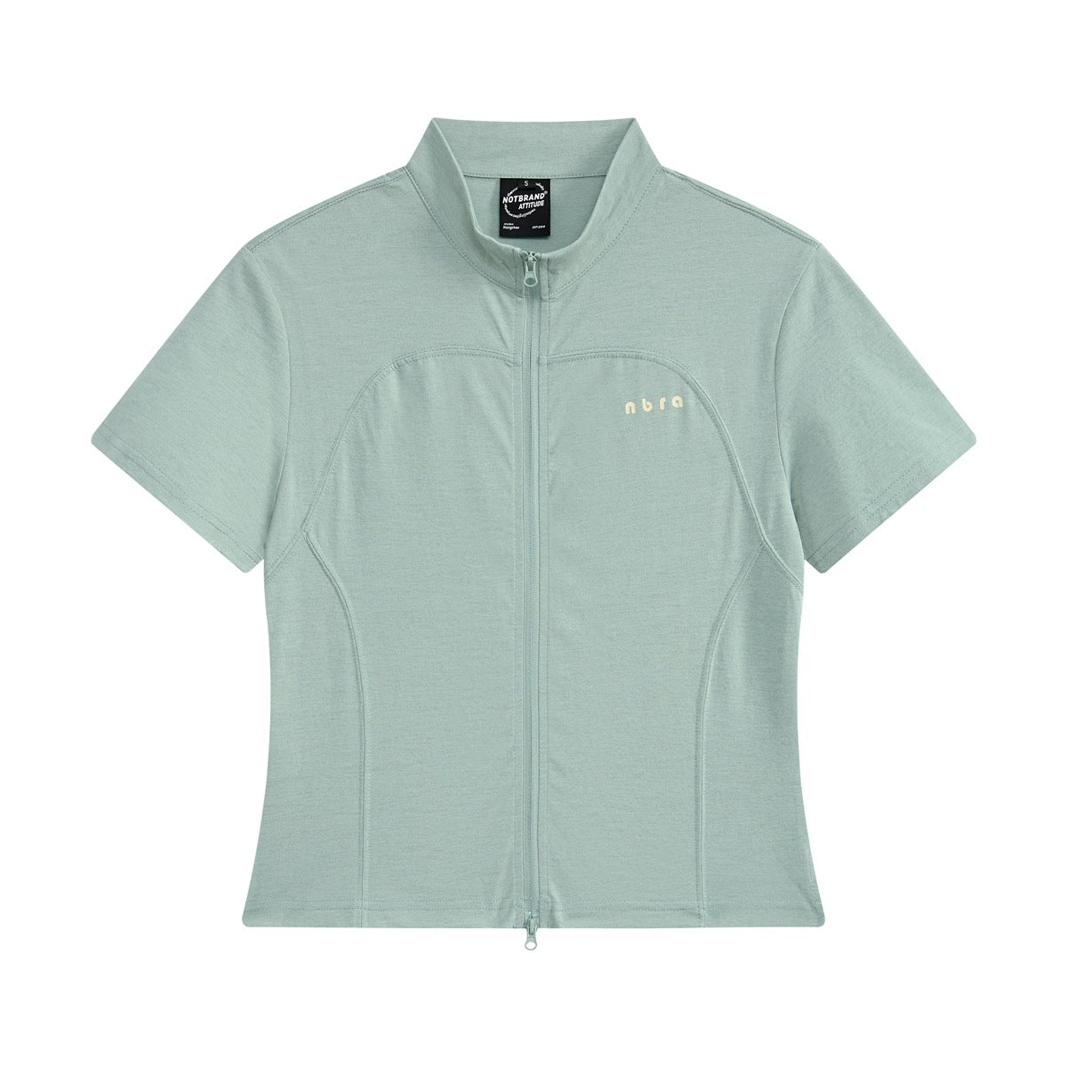 Sage green short-sleeve zip-front top with stand collar and curved seams, flat lay front view