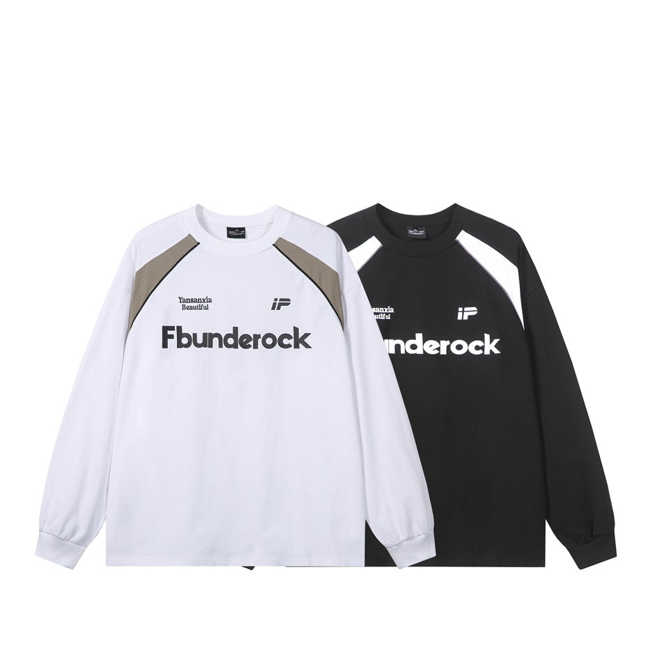 Two long-sleeve crewneck shirts shown from the front: white with taupe panels and black with white panels, both with chest
