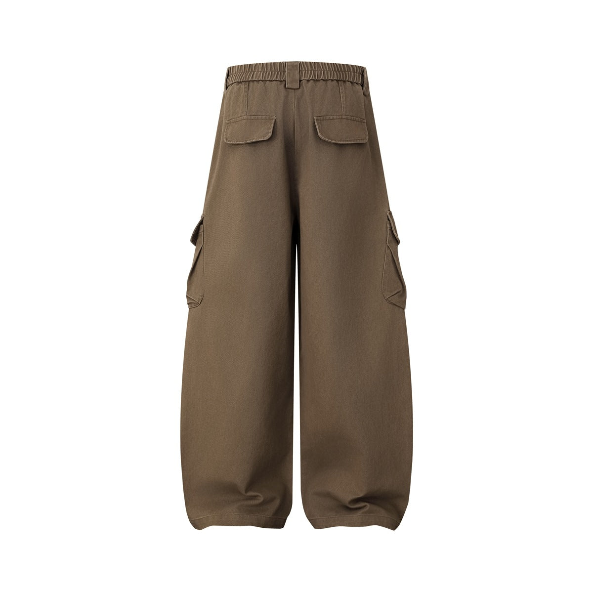 Back view of brown wide-leg cargo trousers with an elastic waistband, two flap pockets, and side cargo pockets.