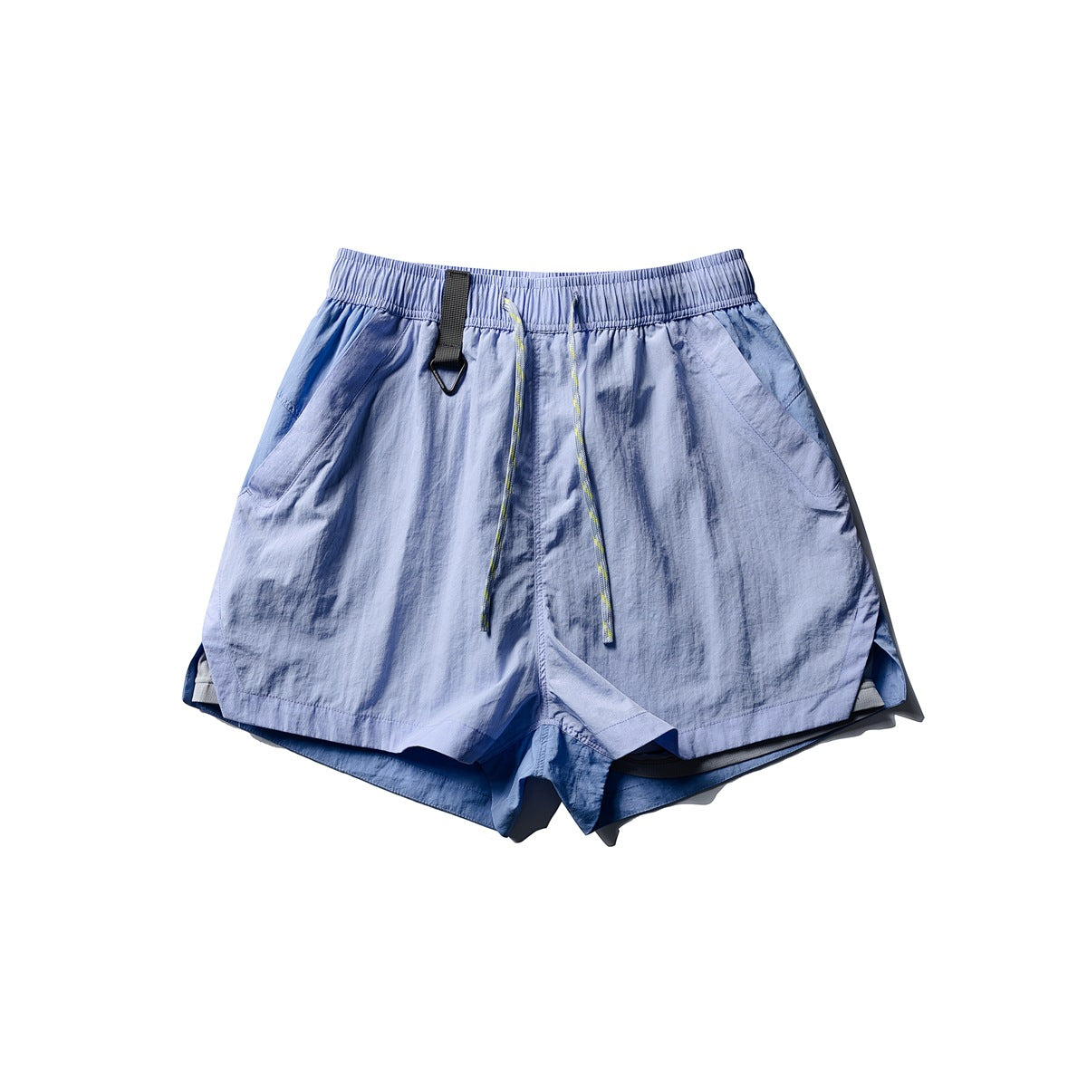 Flat-lay front of sky blue shorts with elastic waist, drawstring with yellow accents, ring loop and side pockets