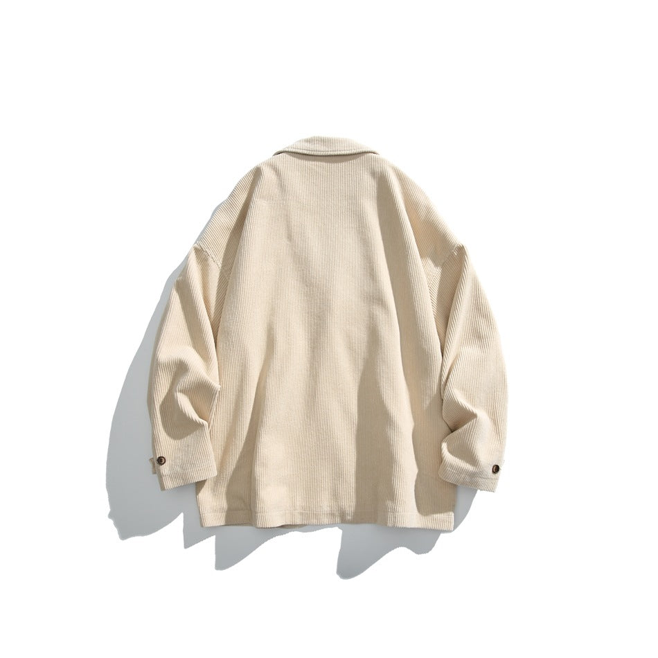Cream jacket laid flat, back view, with a collar and buttoned cuffs.