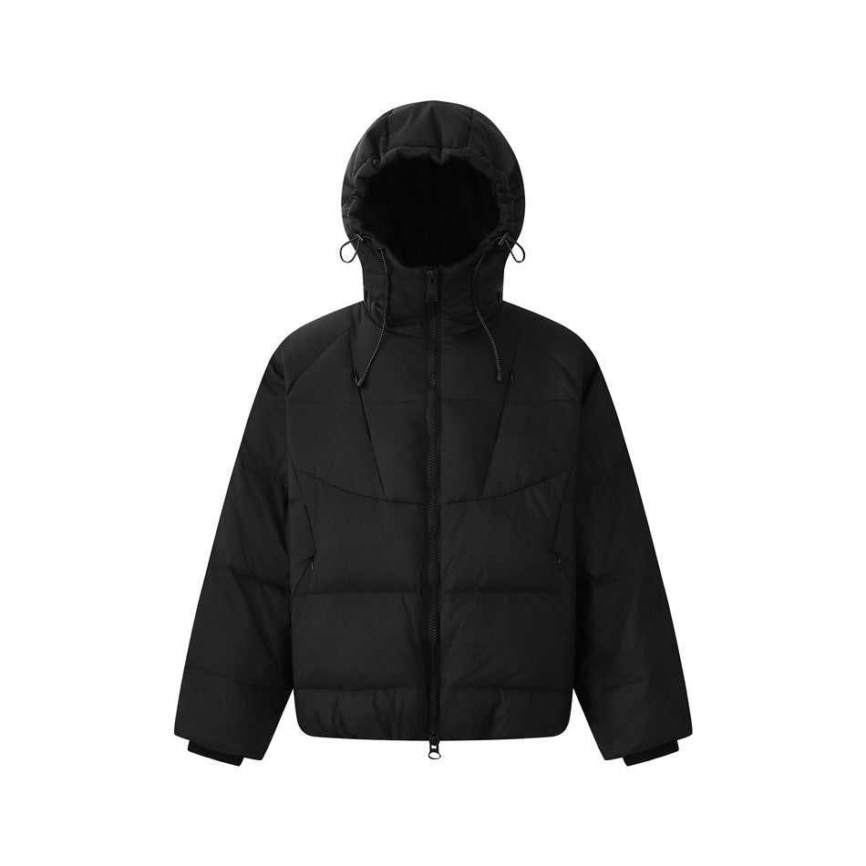 Black hooded quilted puffer jacket with front zipper and drawcord hood, front view