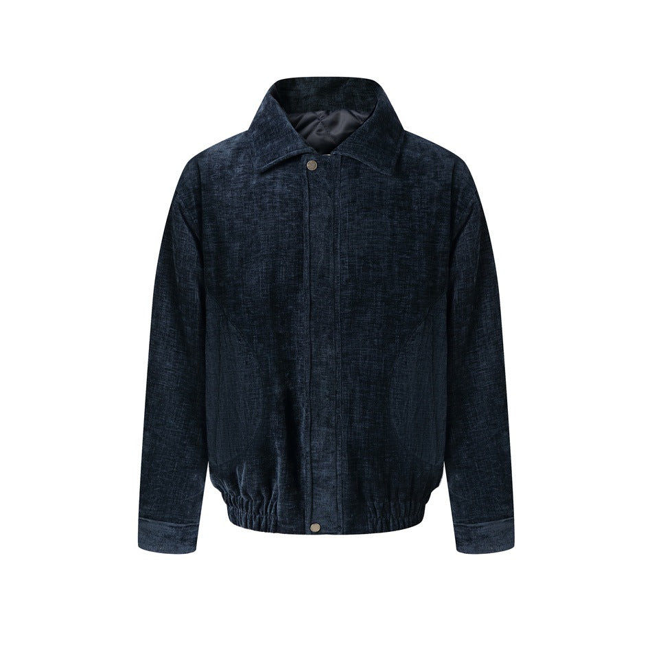 Front view of navy textured bomber jacket with spread collar, snap buttons, curved seams and elastic hem on white background