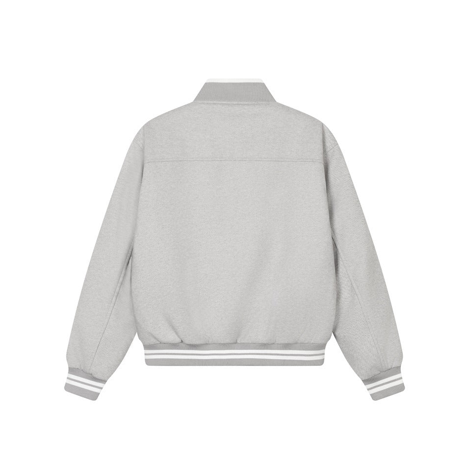 Back view of a light gray bomber jacket with a stand collar and striped ribbed cuffs and hem, shown against white.