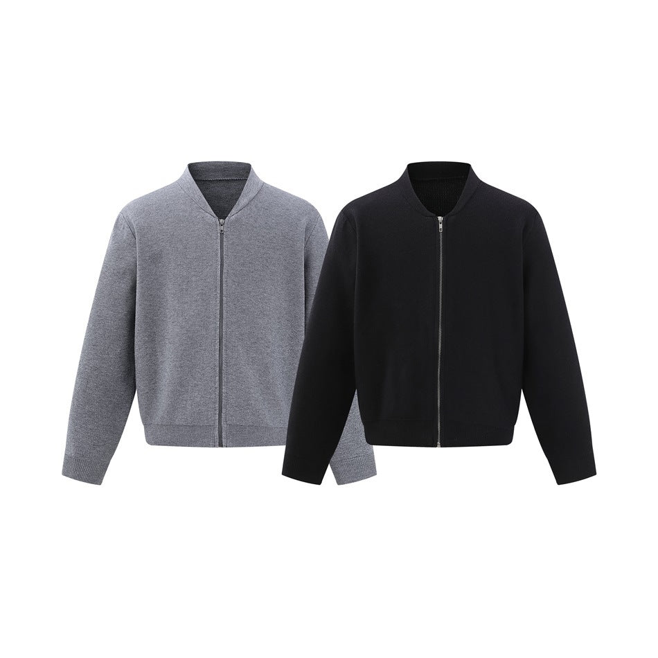 Gray and black zip-up knit jackets shown from the front, with stand collars and ribbed cuffs and hems.