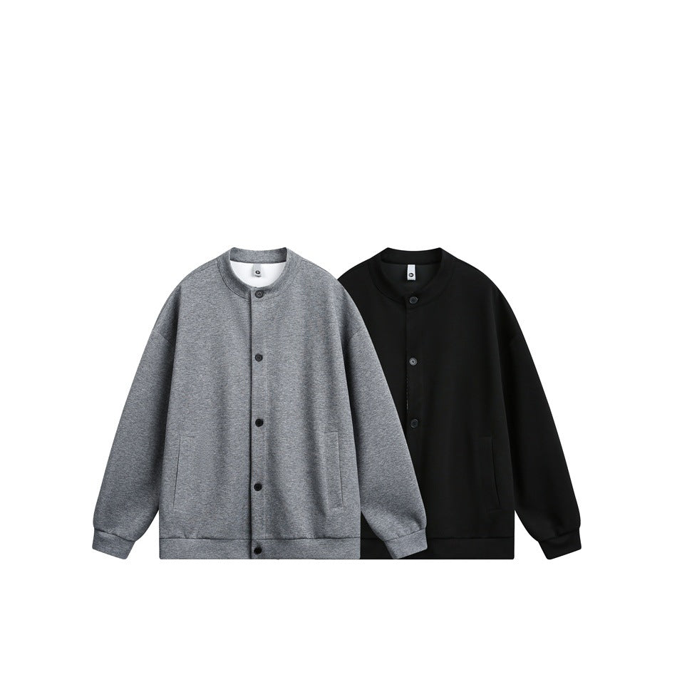 Gray and black stand-collar button-front jackets shown side by side.