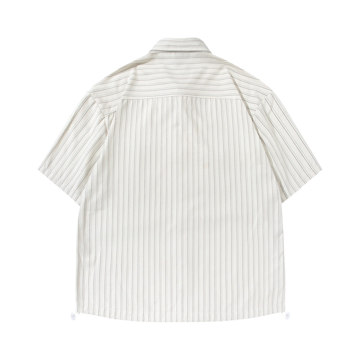 Back view of an off-white short-sleeve shirt with thin dark vertical stripes and a horizontally striped yoke.