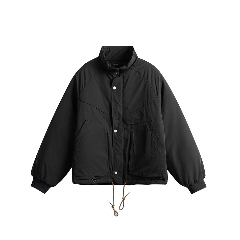 Black padded stand-collar jacket, front flat view with snap placket, large patch pockets and brown drawcord hem