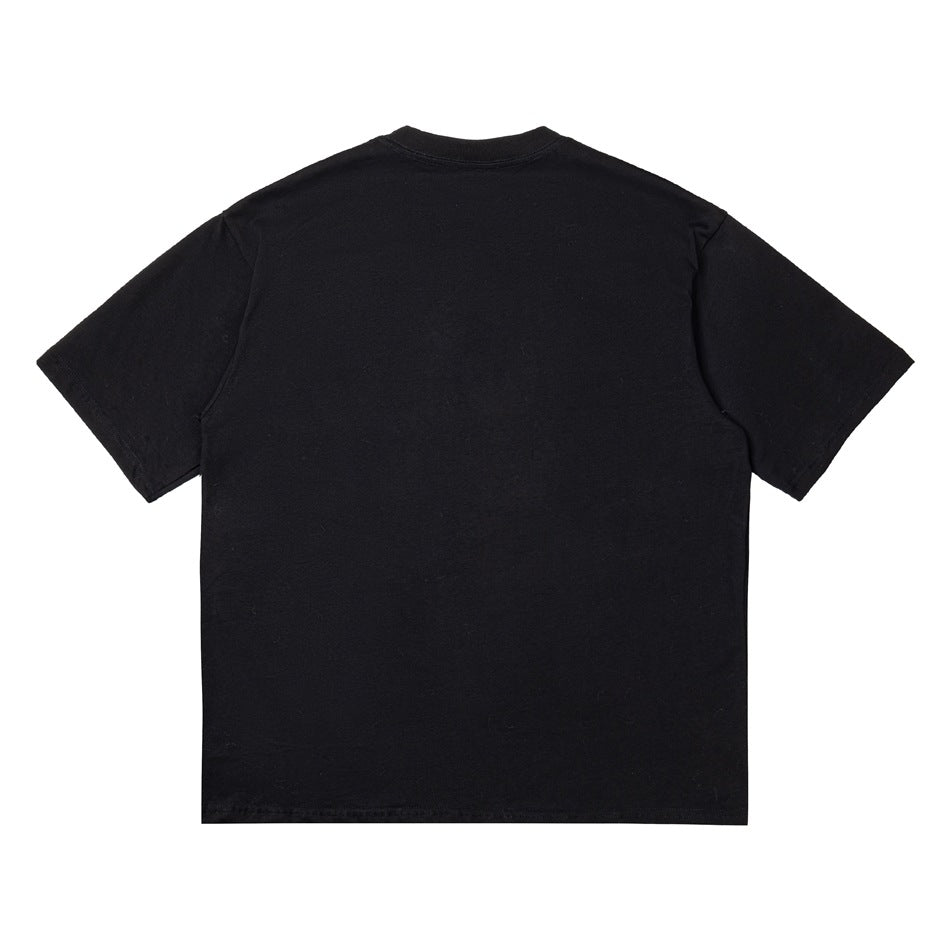 Back view of a plain black short-sleeve crew-neck T-shirt laid flat.