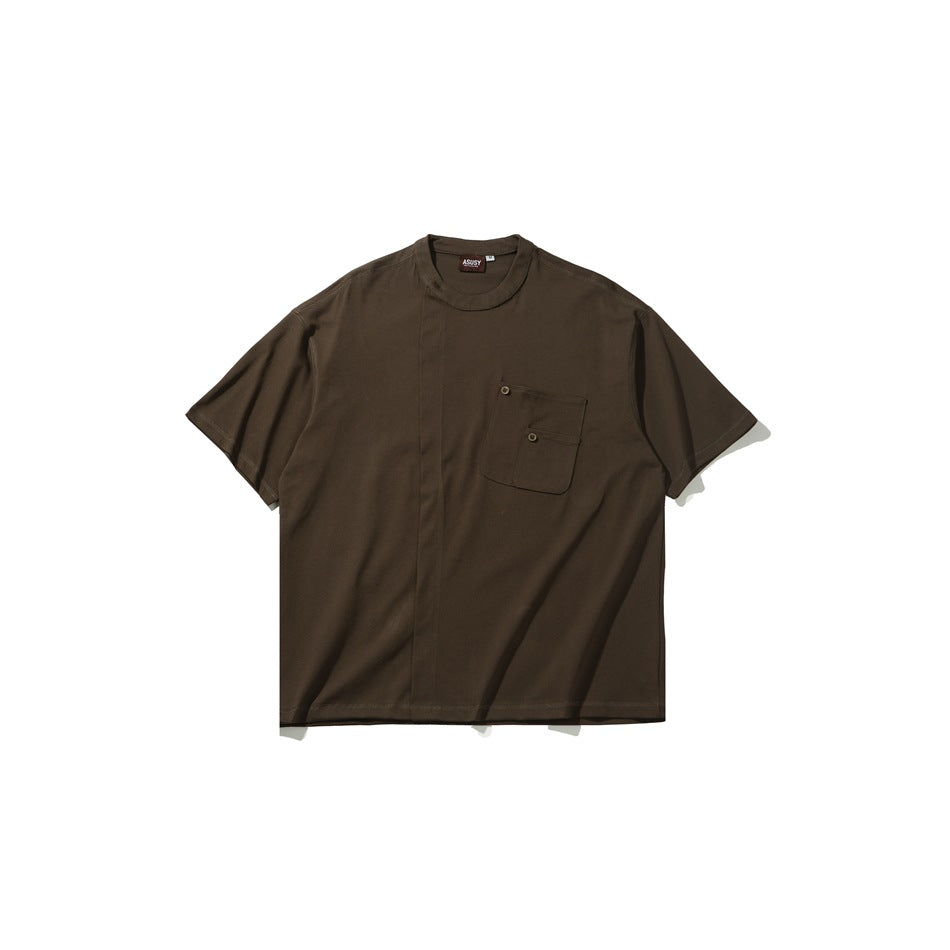 Brown short-sleeve tee flat lay with round neckline, vertical front seam and buttoned chest pocket
