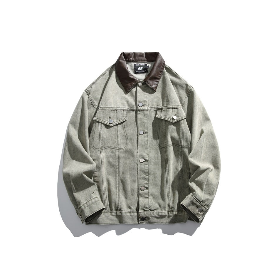 Green washed denim jacket with brown contrast collar, chest flap pockets and button front, flat lay