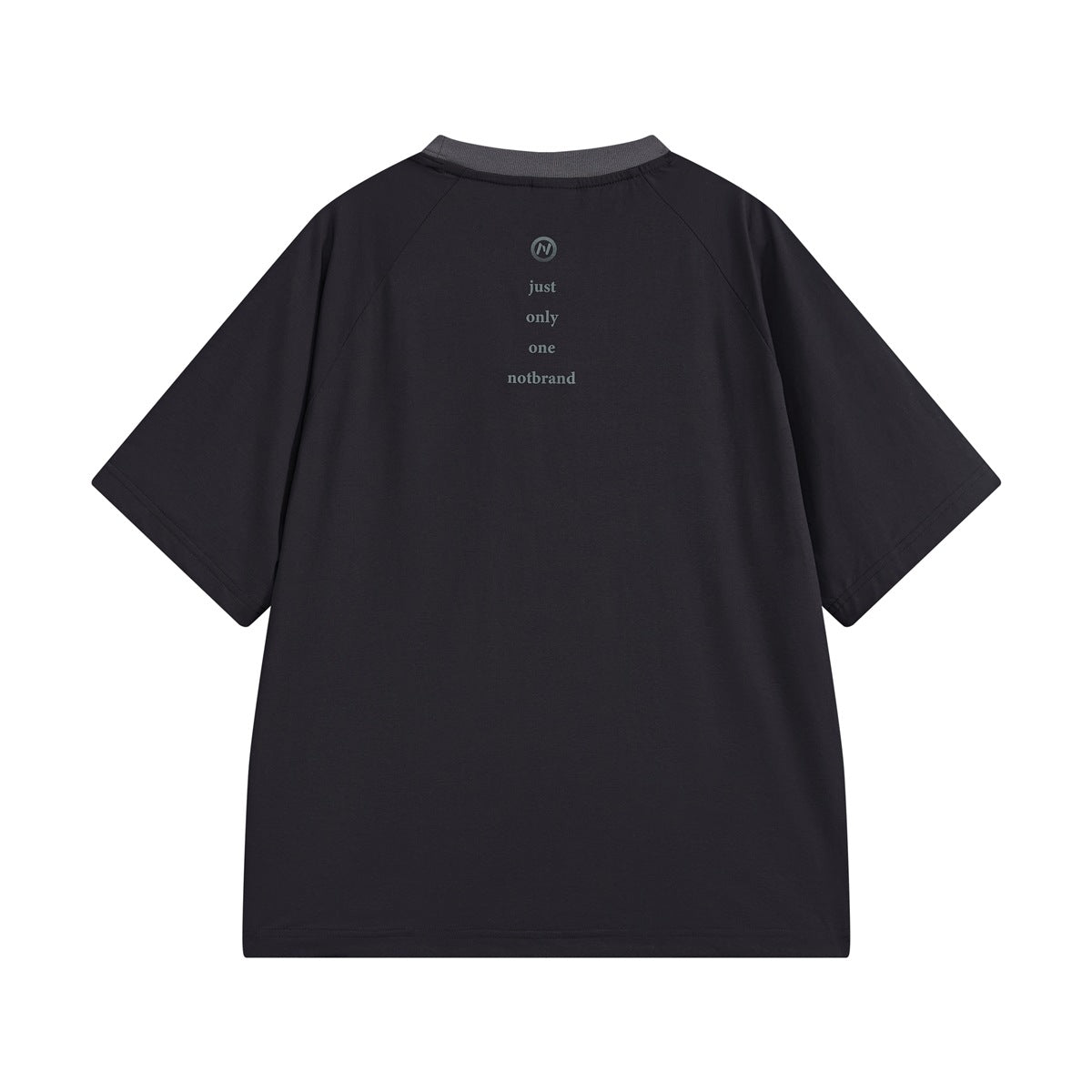 Back view of a charcoal short-sleeve T-shirt with a gray ribbed collar and small centered English text print.