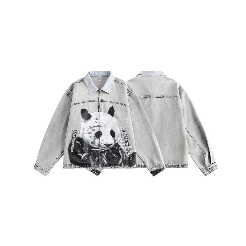 Pale gray collared jacket shown from the front and back; the front has a large black-and-white panda graphic.