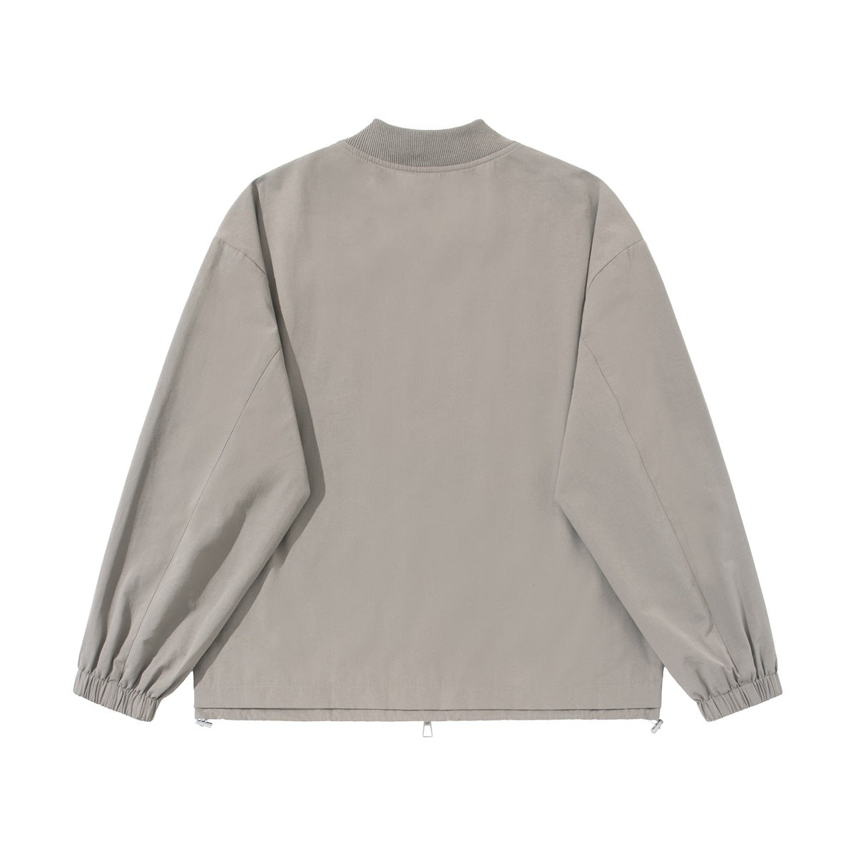 Back view of a plain taupe zip jacket with a ribbed collar, elastic cuffs and adjustable hem.
