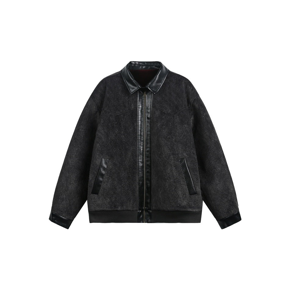 Charcoal gray zip-front jacket with black textured collar, placket and cuffs, flat front view on white