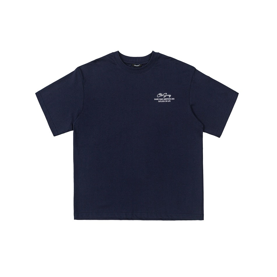 Front view of a navy short-sleeve crew-neck T-shirt with a small white chest print.