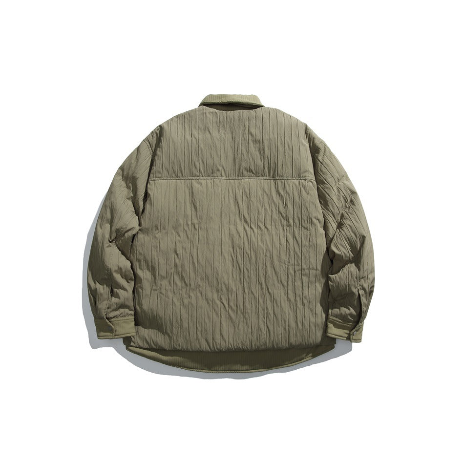 Back view of an olive quilted jacket with long sleeves, a pointed collar, and a curved hem.