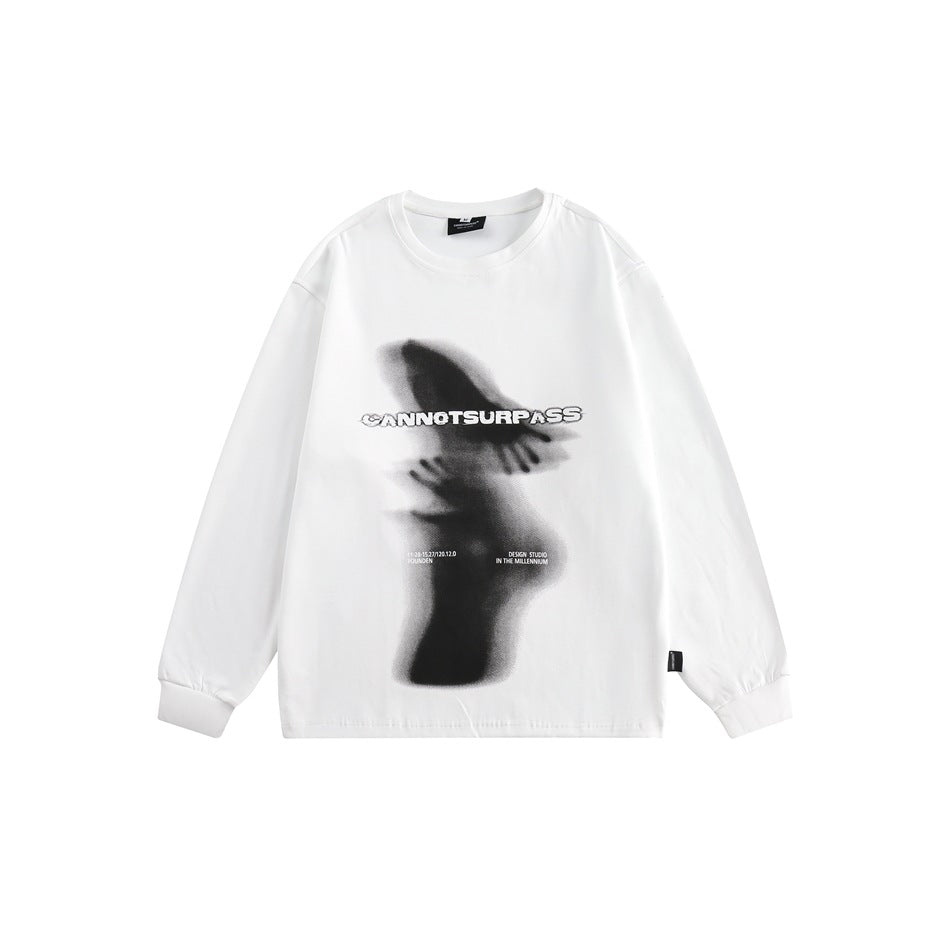 White long-sleeve crew-neck sweatshirt with blurred black silhouette graphic and CANNOTSURPASS print, flat front view