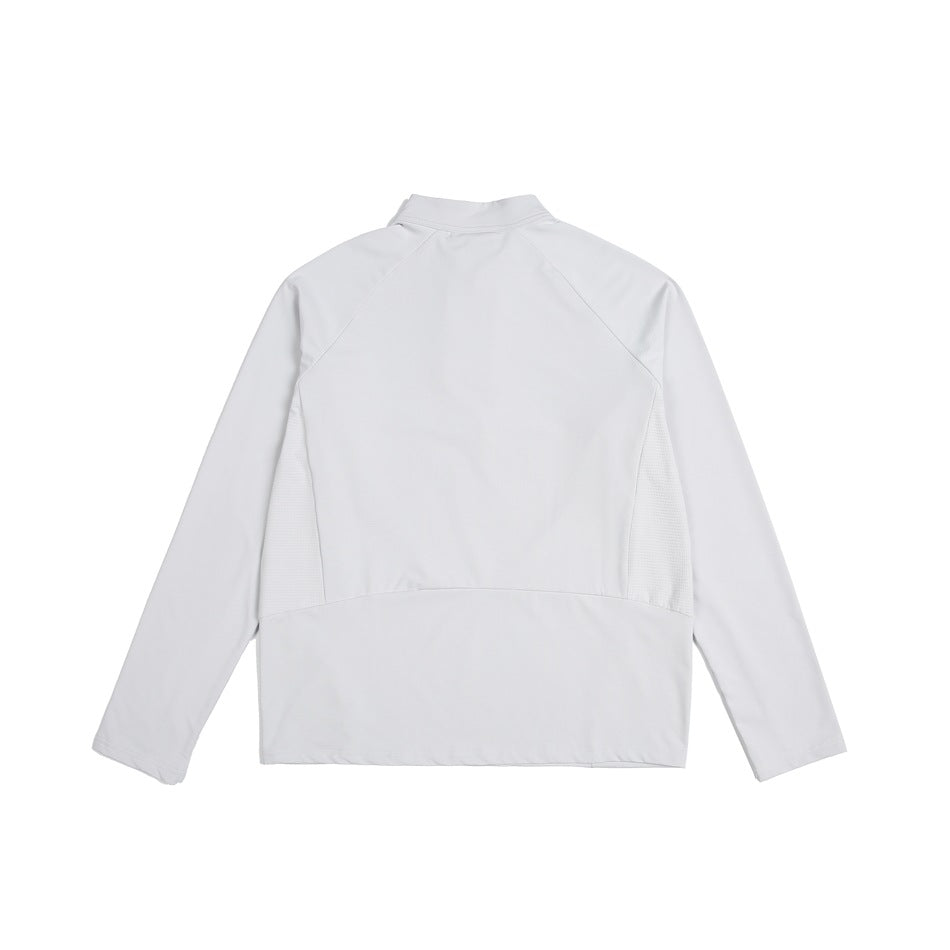 Back view of a light gray long-sleeve pullover with a stand collar, raglan seams, and textured side panels.