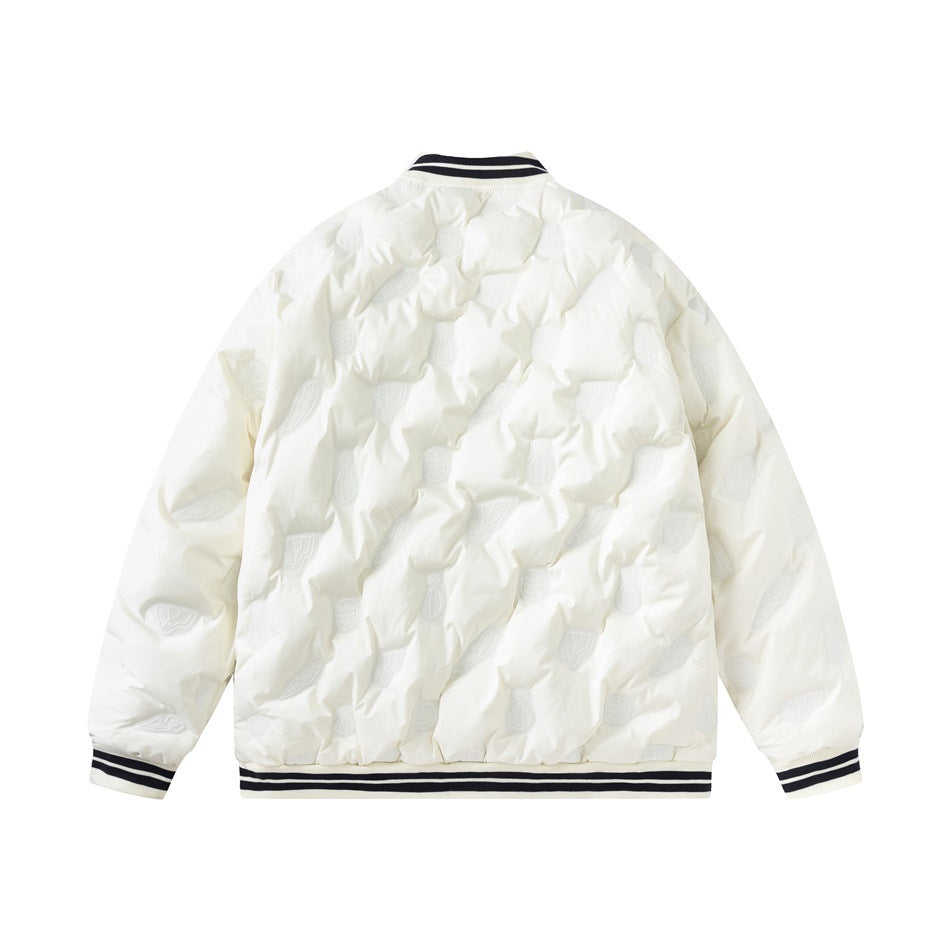 Back view of a white quilted bomber jacket with subtle raised motifs and navy-striped ribbed collar, cuffs and hem.
