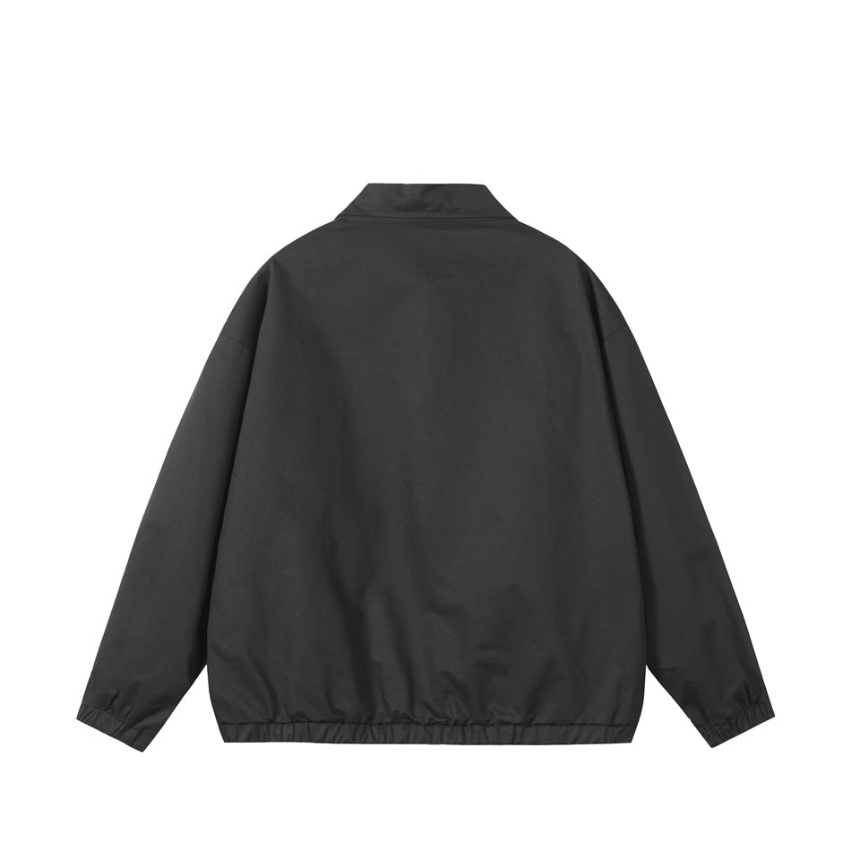 Back view of a black collared zip jacket flat lay with elastic cuffs and hem