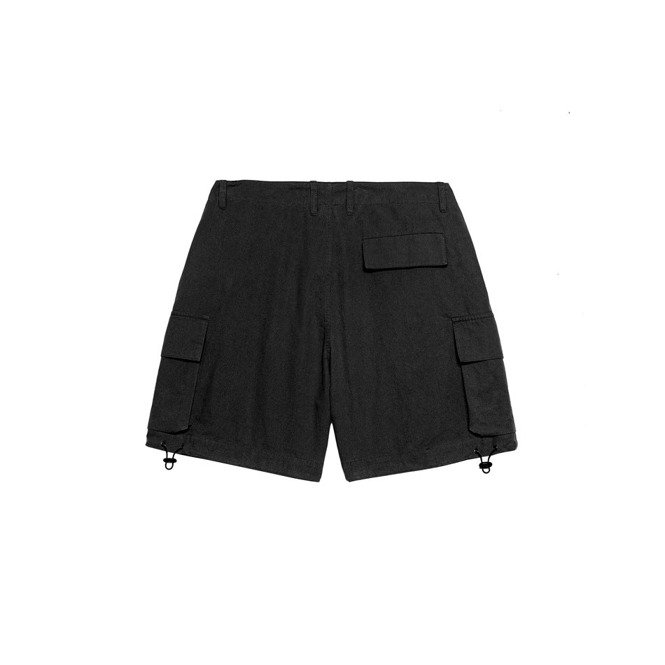 Front flat lay of black cargo shorts with multiple flap pockets, belt loops and adjustable hem cords.