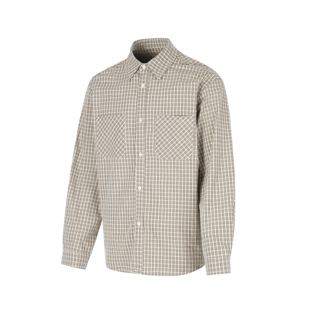 Khaki and cream small-check long-sleeve button-up shirt with two chest pockets, shown angled on a white background