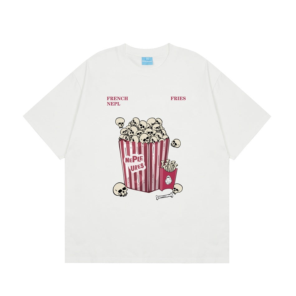White short-sleeve crew-neck T-shirt with a skull popcorn bucket and fries graphic, flat front view
