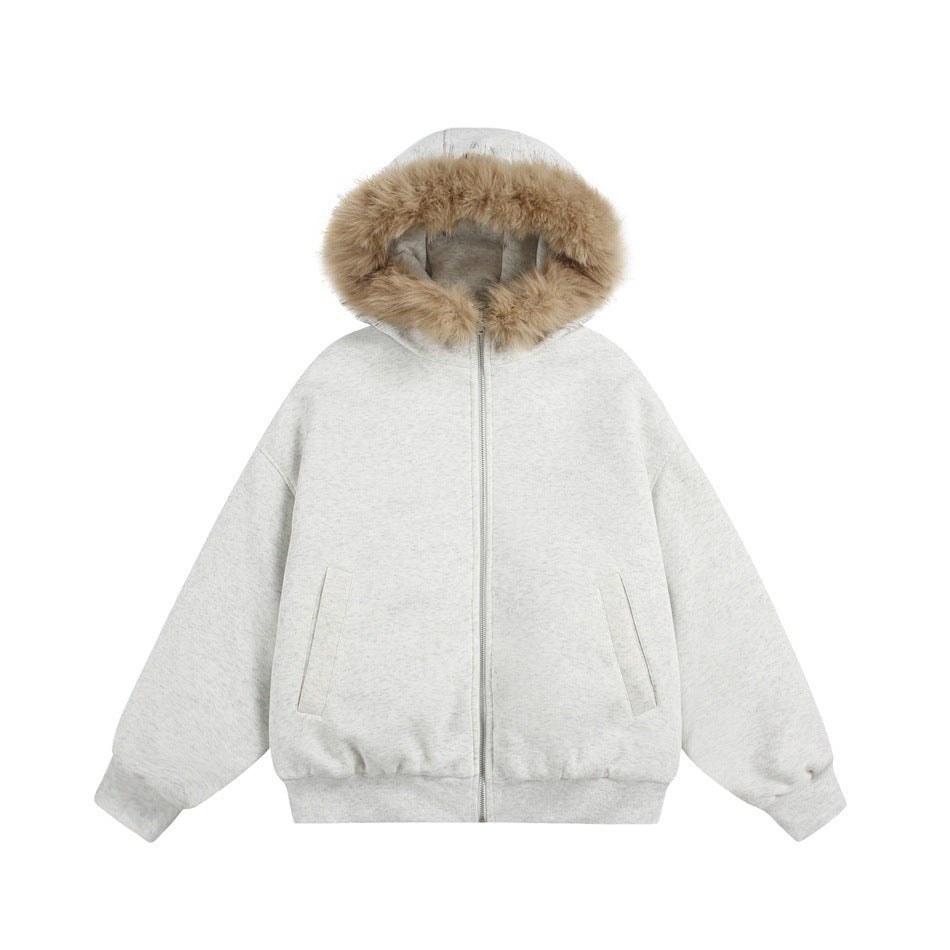 Light heathered gray zip-front hooded jacket with tan fur-like hood trim, ribbed cuffs and hem, and slanted pockets