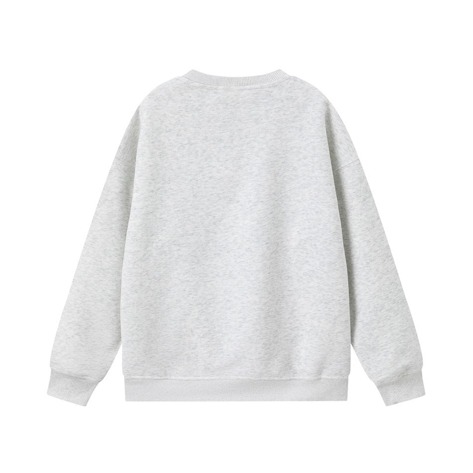 Back view of a plain light heather-gray crewneck sweatshirt with long sleeves and ribbed cuffs and hem.
