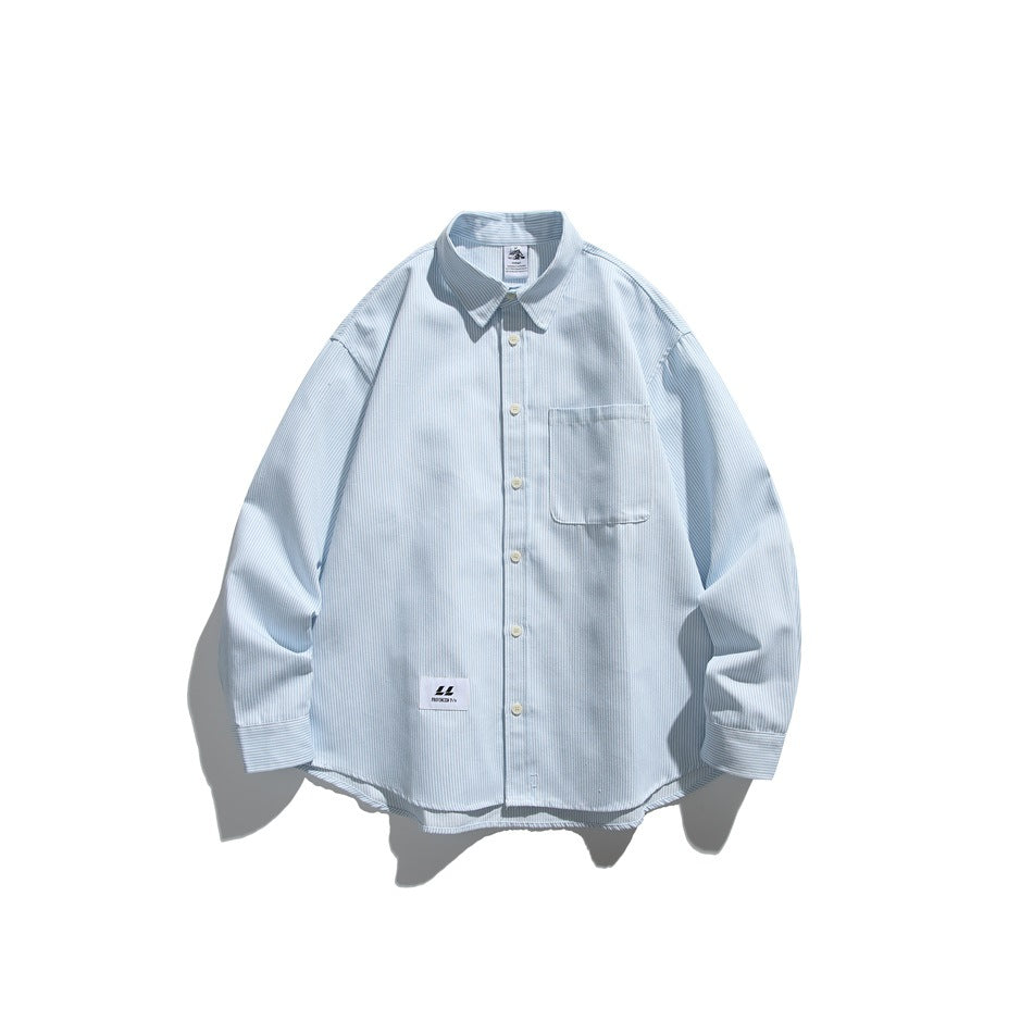 Light blue fine-striped long-sleeve button-up shirt with chest pocket, flat front view