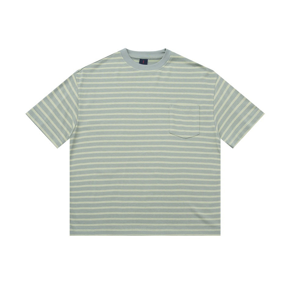 Gray-green and pale green striped short-sleeve T-shirt with chest pocket, flat front view