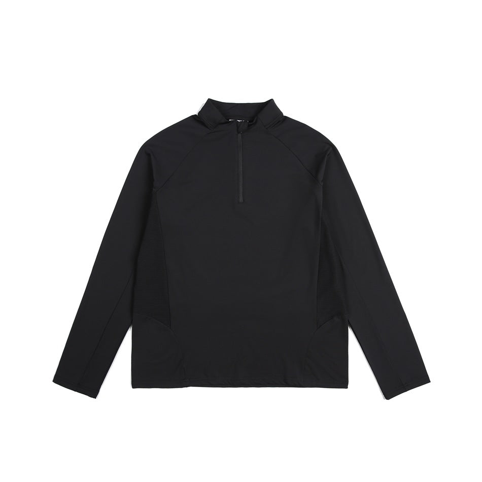 Black long-sleeve quarter-zip top with stand collar and textured side panels, flat front view