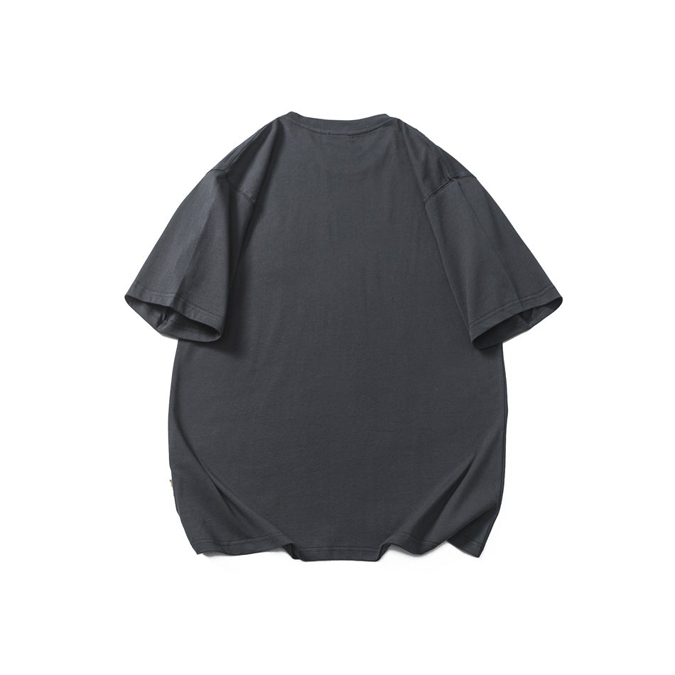 Back view of a dark gray short-sleeve crew neck T-shirt with a plain back and drop shoulders