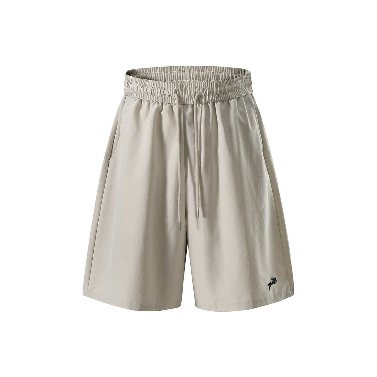 Off-white wide-leg drawstring shorts with small black embroidered motif near the hem, front view