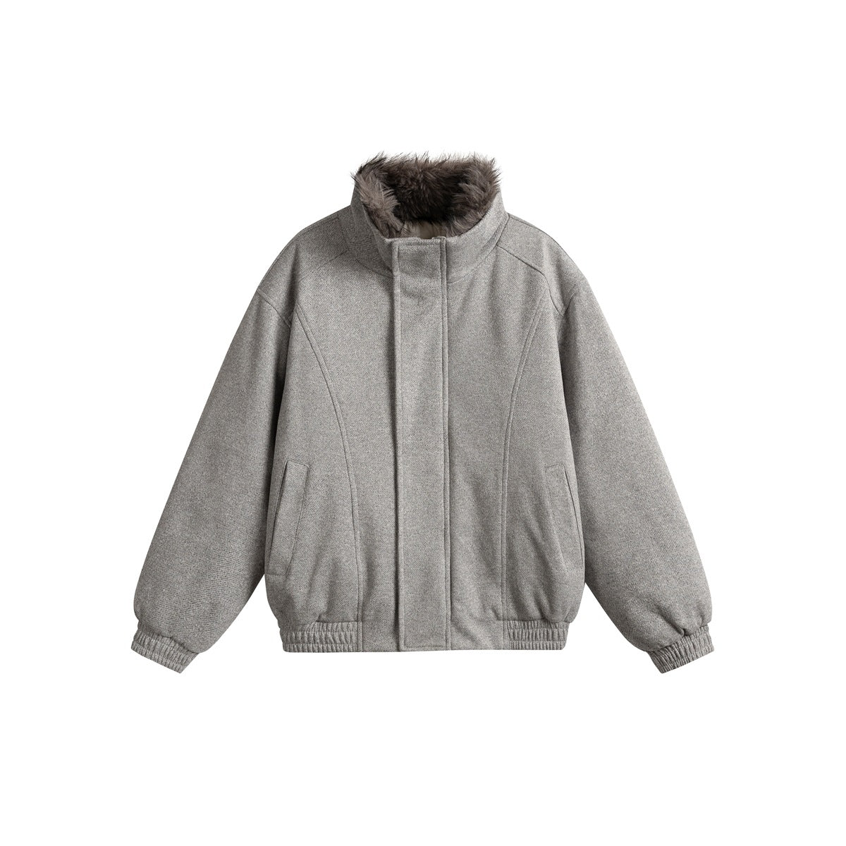 Gray bomber-style jacket with stand collar, faux-fur-style collar trim, covered front placket and ribbed cuffs and hem