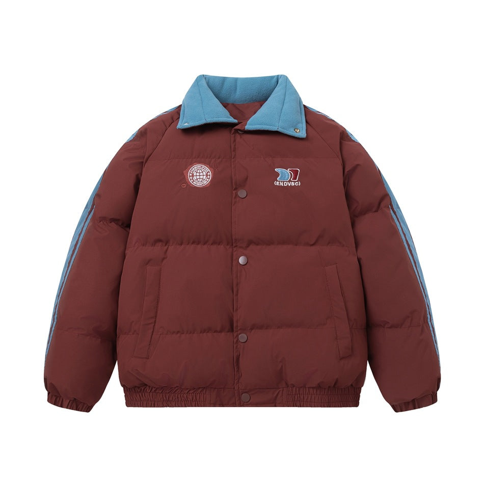 Brown quilted puffer jacket with light blue fleece-like collar and sleeve stripes, snap front, flat view