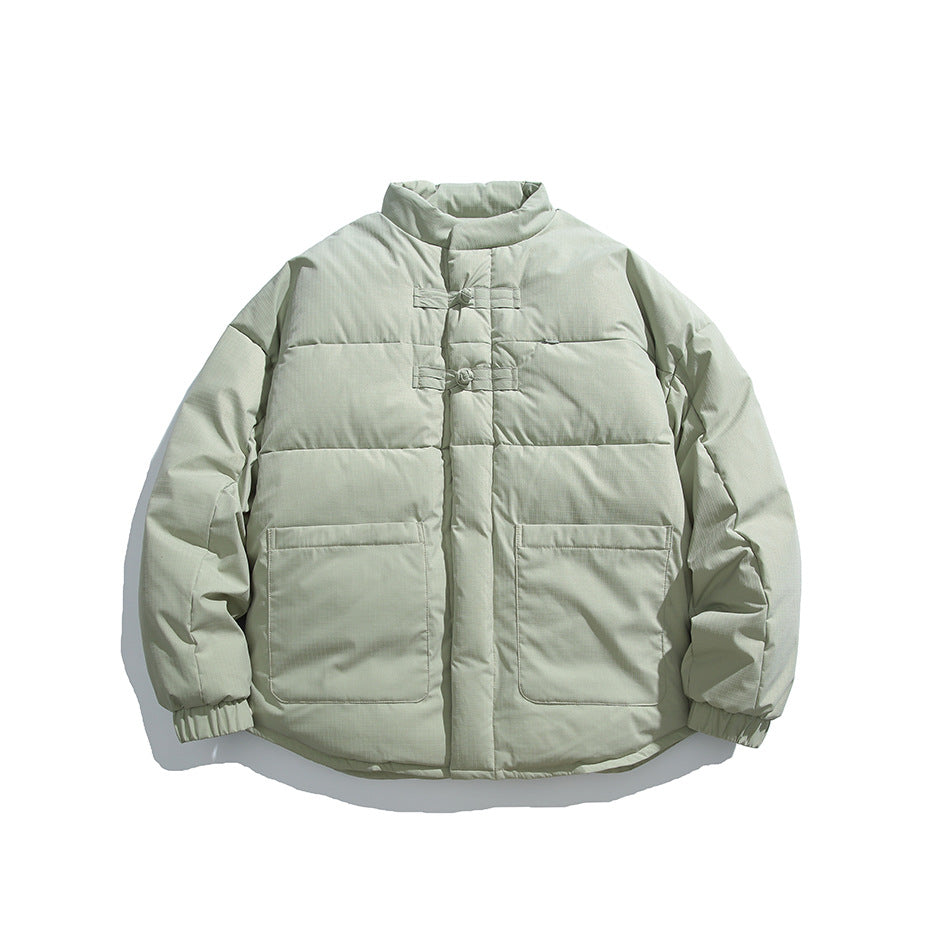 Sage green stand-collar quilted puffer jacket with frog knot fasteners and patch pockets, front flat lay