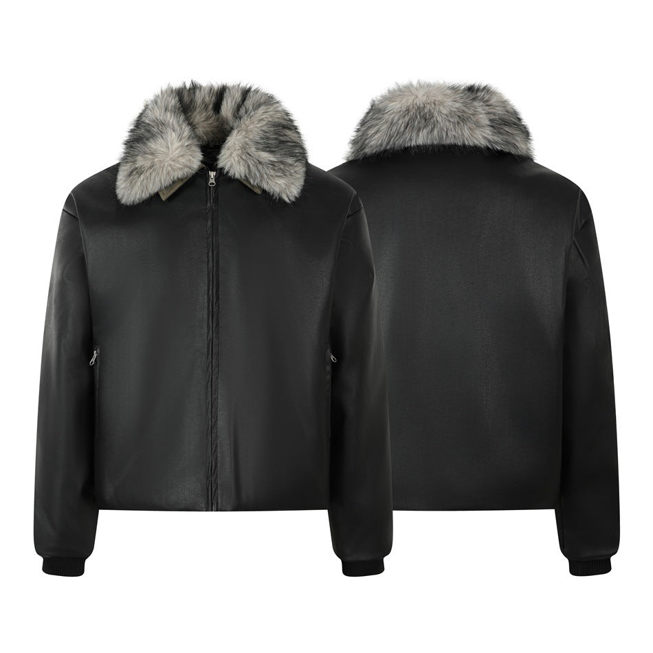 Black faux leather zip jacket with gray and black faux fur collar, front and back views side by side