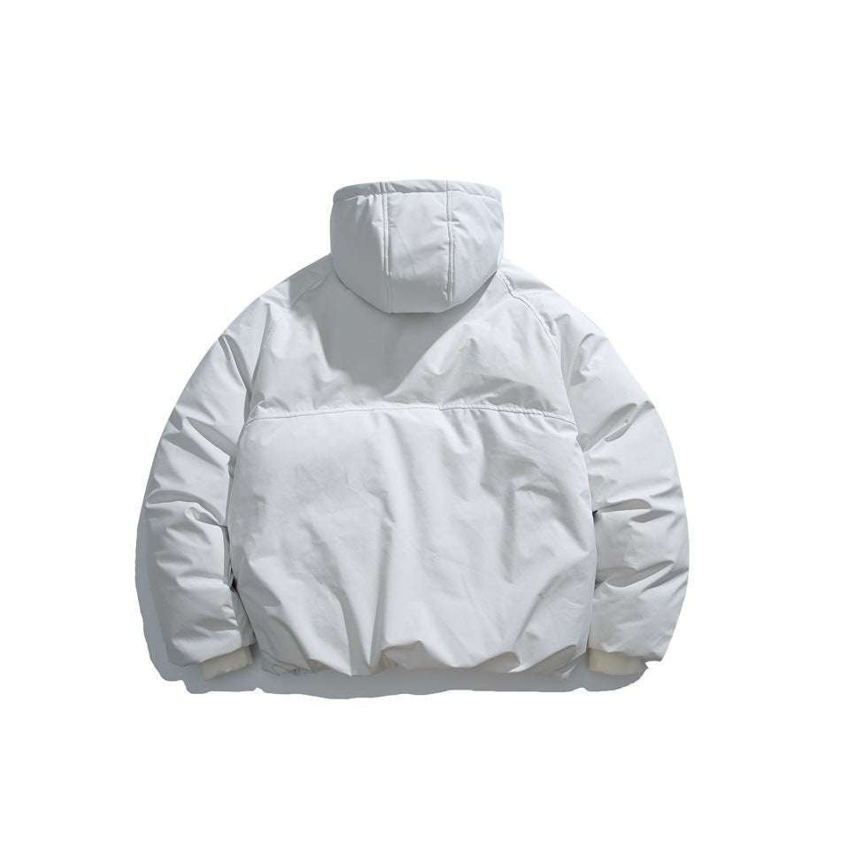 Back view of a white hooded jacket with long sleeves, a horizontal back seam, and light-colored cuffs.