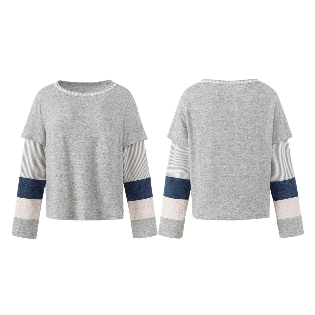 Gray top shown from the front and back, with long sleeves featuring striped, navy, pale floral, and gray panels.